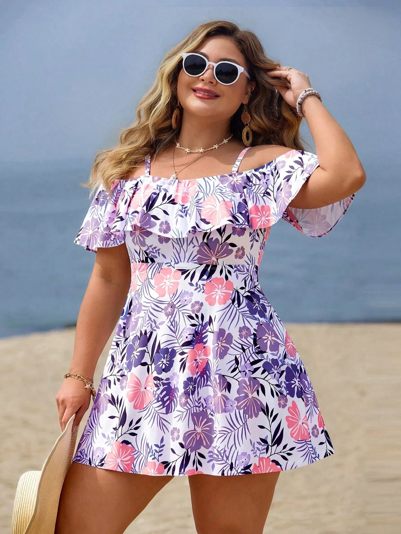 Swim Lushoire Plus Size Women 2pcs Casual Fashion Holiday Random Print Spaghetti Strap Ruffle Off-Shoulder Waist A-Line Split Swimsuit Dress