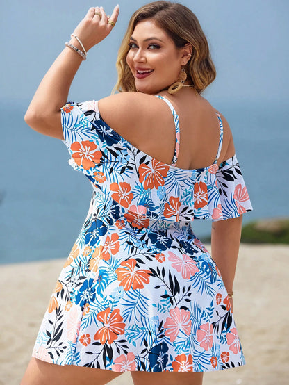 Swim Lushoire Plus Size Women 2pcs Casual Fashion Holiday Random Print Spaghetti Strap Ruffle Off-Shoulder Waist A-Line Split Swimsuit Dress