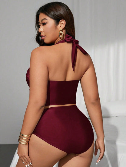 Swim Lushoire Plus Size Women 2pcs Green Hollow Out Multi-Ruffle Backless Elegant Fashion Halter Tankini Swimwear Set For Summer Beach Vacation