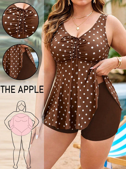 Swim Lushoire Plus Size Women 2pcs Random Print Tankini Swimwear Set, Front Drawstring Tummy Control, Minimalist Beach Vacation