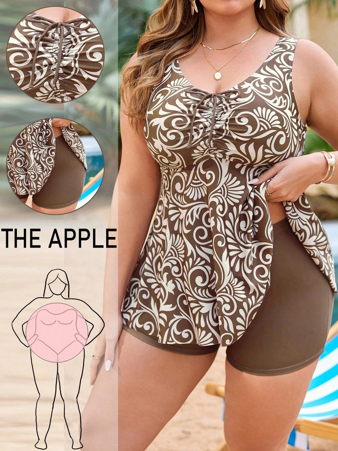 Swim Lushoire Plus Size Women 2pcs Random Print Tankini Swimwear Set, Front Drawstring Tummy Control, Minimalist Beach Vacation