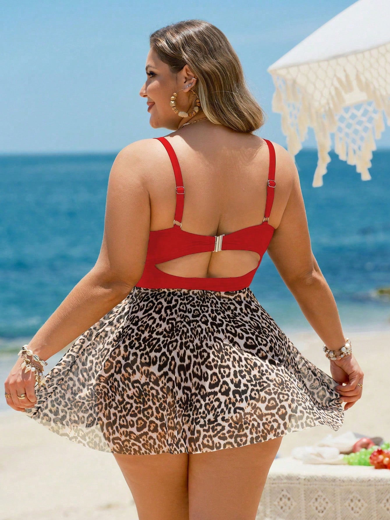 Swim Lushoire Plus Size Women 2pcs/Set Leopard Print Mesh Underwire Bikini Swimwear,High Waist Triangle,Adjustable Strap, Beige Summer Beach Vacation Holiday