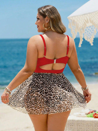 Swim Lushoire Plus Size Women 2pcs/Set Leopard Print Mesh Underwire Bikini Swimwear,High Waist Triangle,Adjustable Strap, Beige Summer Beach Vacation Holiday