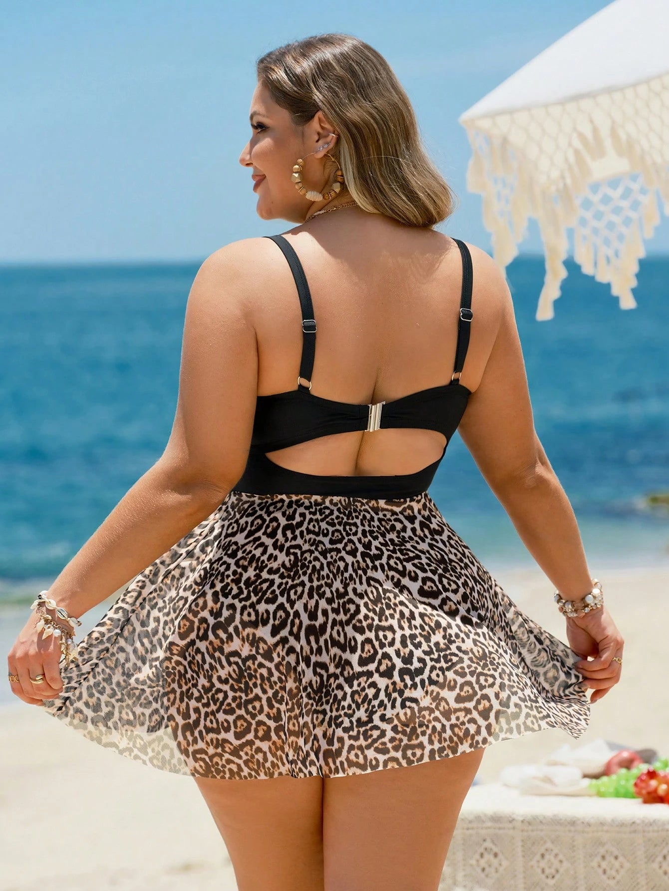 Swim Lushoire Plus Size Women 2pcs/Set Leopard Print Mesh Underwire Bikini Swimwear,High Waist Triangle,Adjustable Strap, Beige Summer Beach Vacation Holiday