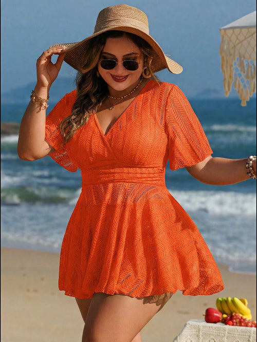 Swim Lushoire Plus Size Women 2pcs Solid Color Mesh Skirt Casual Beach Vacation Holiday Bikini Swimsuit Set Orange Summer