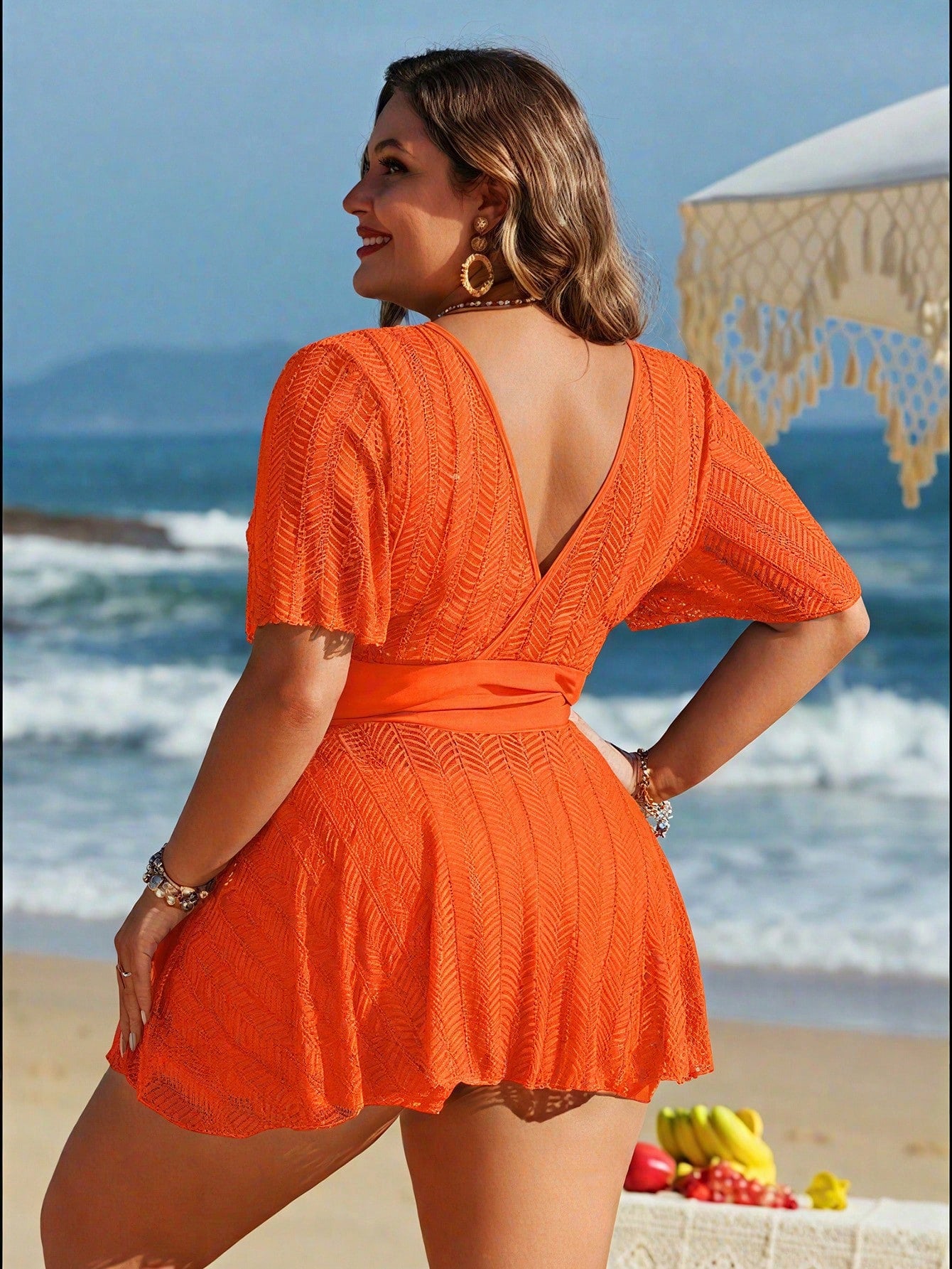 Swim Lushoire Plus Size Women 2pcs Solid Color Mesh Skirt Casual Beach Vacation Holiday Bikini Swimsuit Set Orange Summer