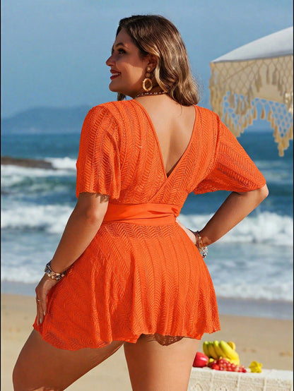 Swim Lushoire Plus Size Women 2pcs Solid Color Mesh Skirt Casual Beach Vacation Holiday Bikini Swimsuit Set Orange Summer