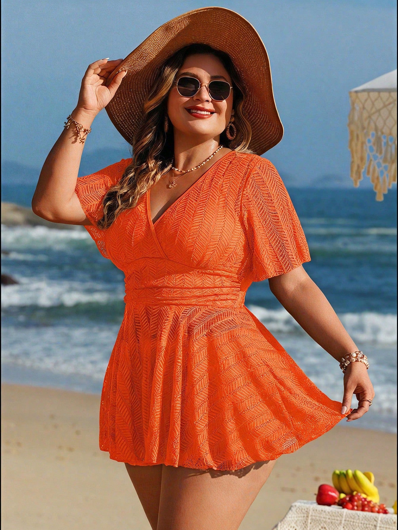 Swim Lushoire Plus Size Women 2pcs Solid Color Mesh Skirt Casual Beach Vacation Holiday Bikini Swimsuit Set Orange Summer