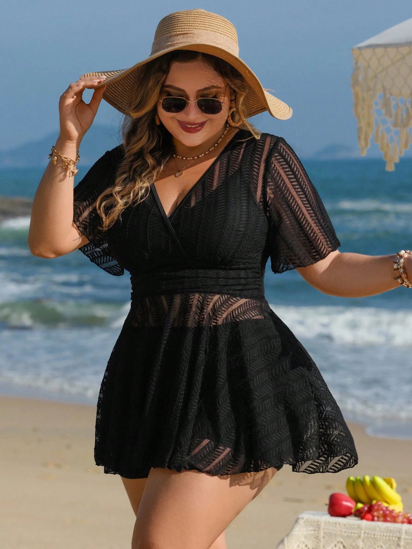 Swim Lushoire Plus Size Women 2pcs Solid Color Mesh Skirt Casual Beach Vacation Holiday Bikini Swimsuit Set Orange Summer