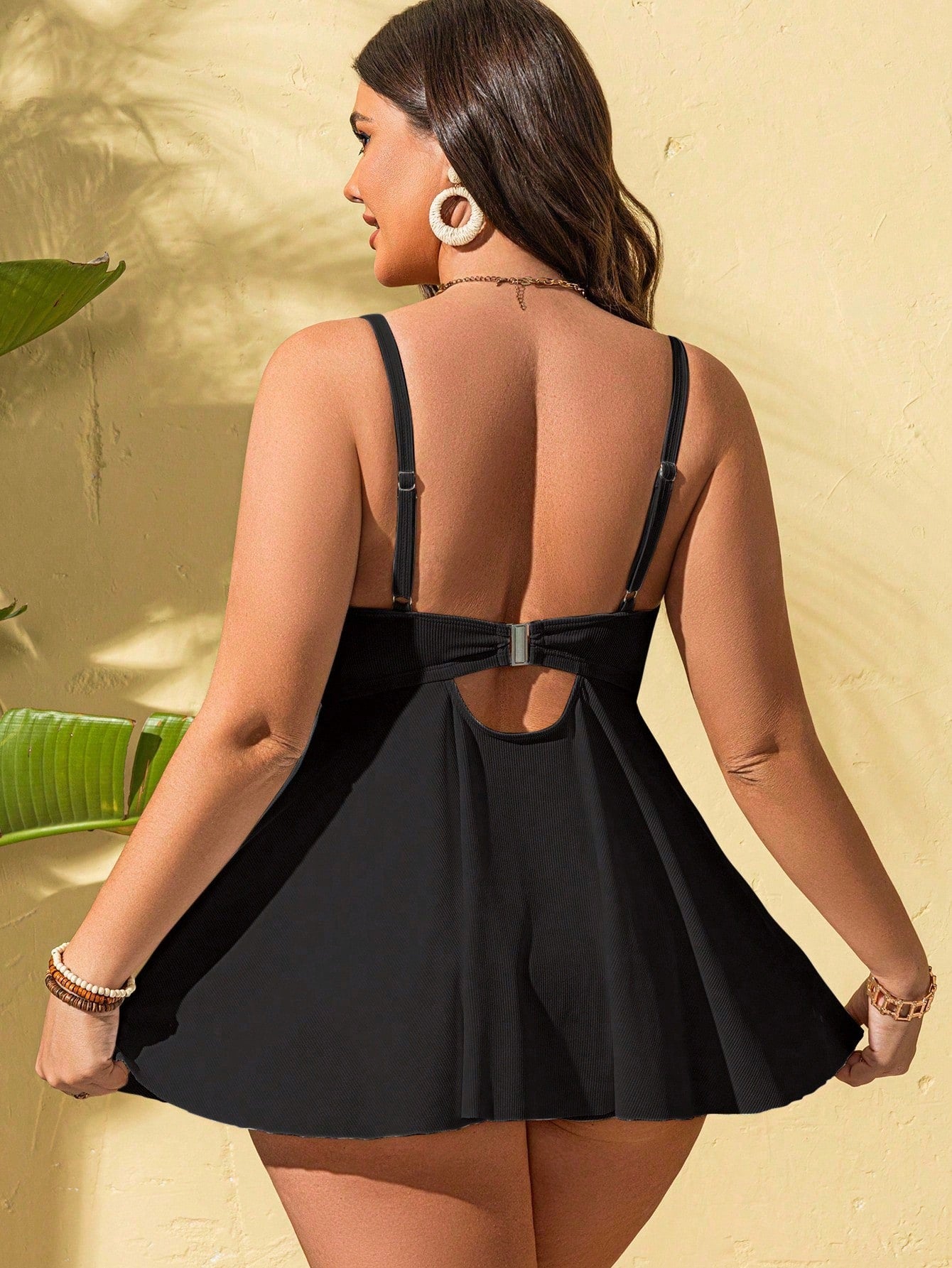 Swim Lushoire Plus Size Women 2pcs Solid Color Spaghetti Strap Padded Tummy Control Casual Vacation Bikini Swimwear Set