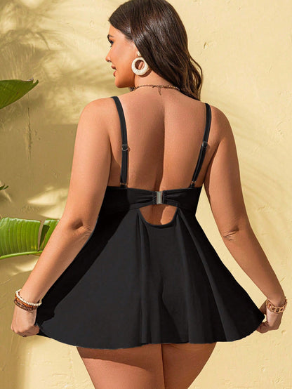 Swim Lushoire Plus Size Women 2pcs Solid Color Spaghetti Strap Padded Tummy Control Casual Vacation Bikini Swimwear Set