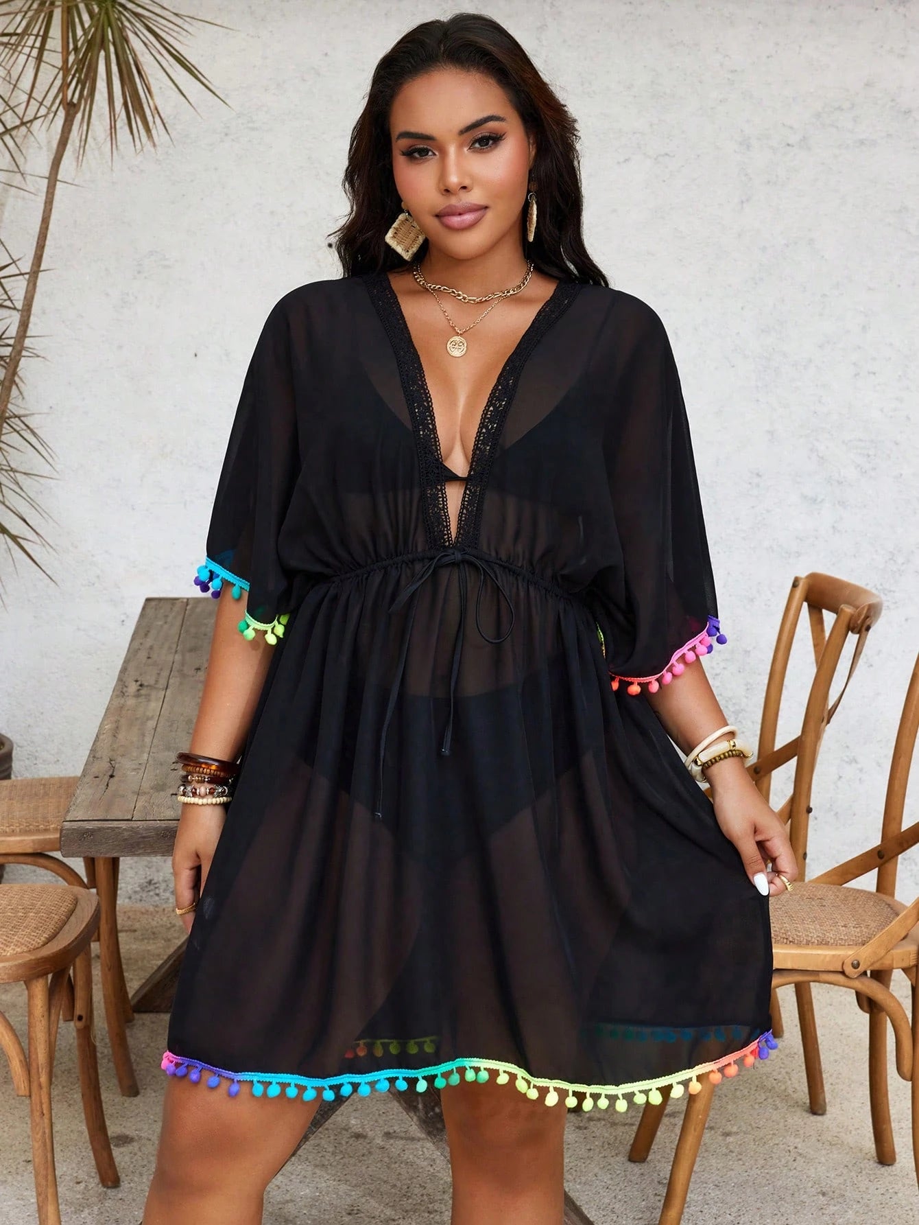 Swim Lushoire Plus Size Women Deep V-Neck Loose Pullover Cover-Up, Suitable For Beach Holidaybeach Outfits For Women,Vacation Outfits Women,Swimsuit For Summer