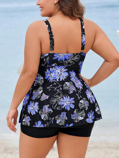 Swim Lushoire Plus Size Women Floral Print Casual Strap Swimsuit Dress With Shorts For Summer Beach Vacation
