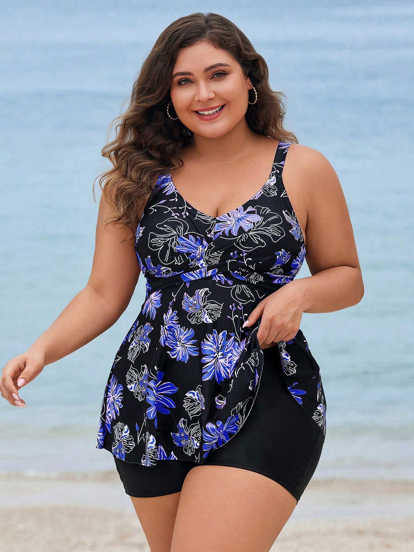 Swim Lushoire Plus Size Women Floral Print Casual Strap Swimsuit Dress With Shorts For Summer Beach Vacation