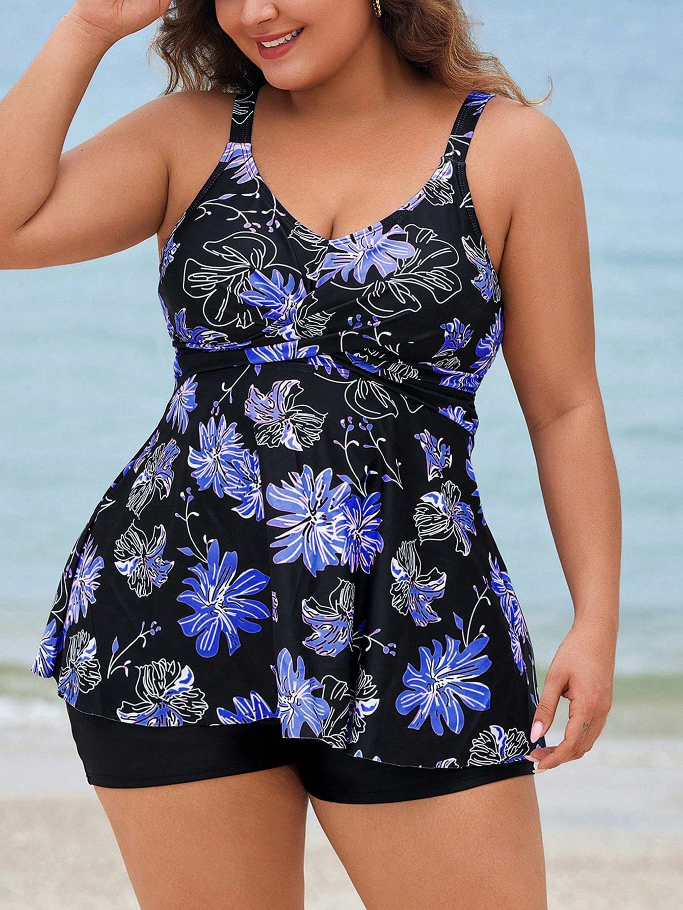 Swim Lushoire Plus Size Women Floral Print Casual Strap Swimsuit Dress With Shorts For Summer Beach Vacation