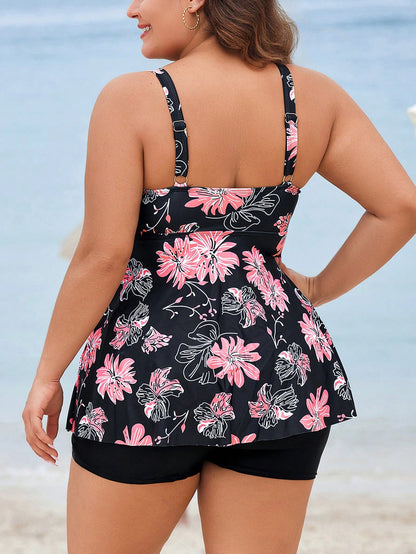 Swim Lushoire Plus Size Women Floral Print Casual Strap Swimsuit Dress With Shorts For Summer Beach Vacation