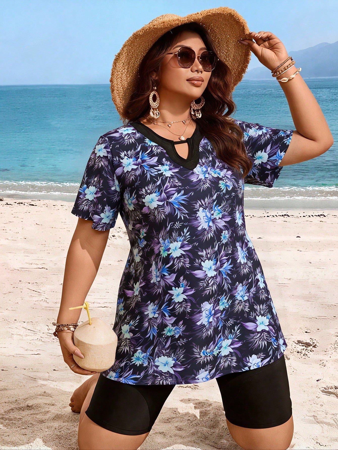 Swim Lushoire Plus Size Women Random Floral Print 2 Pieces Tankini Swimsuit Summer Clothes