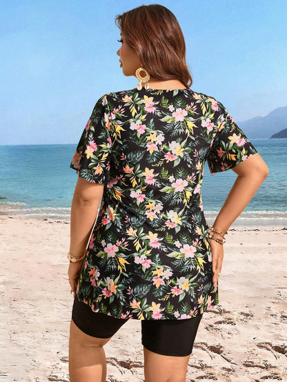 Swim Lushoire Plus Size Women Random Floral Print 2 Pieces Tankini Swimsuit Summer Clothes