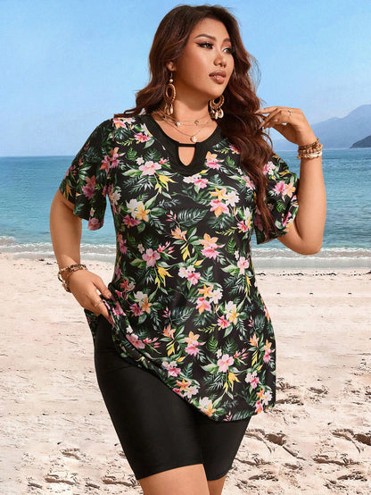 Swim Lushoire Plus Size Women Random Floral Print 2 Pieces Tankini Swimsuit Summer Clothes