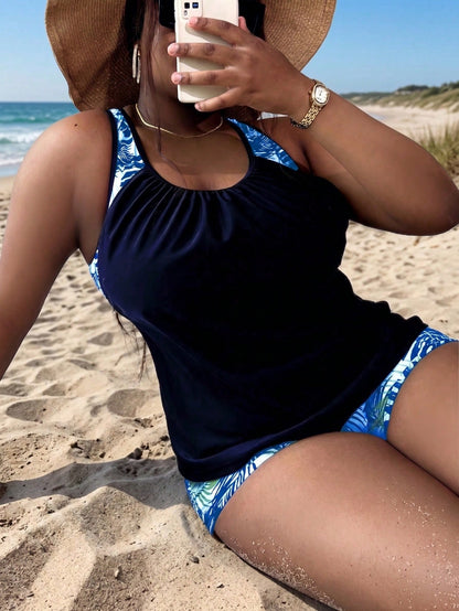 Swim Lushoire Plus Size Women Random Print Tankini Top And Shorts 2pcs/Set For Summer Beach Vacation Sky Blue Light Blue