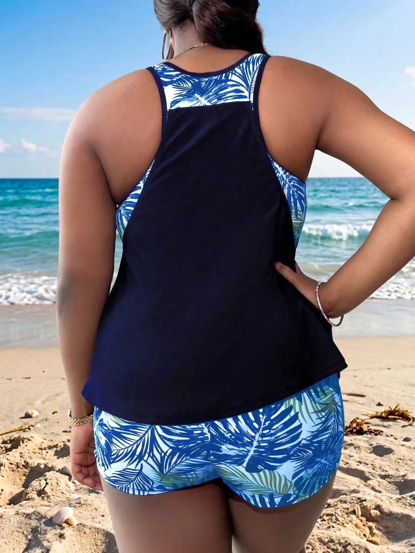 Swim Lushoire Plus Size Women Random Print Tankini Top And Shorts 2pcs/Set For Summer Beach Vacation Sky Blue Light Blue