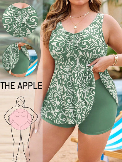 Swim Lushoire Plus Size Women's 2pcs Random Print Tankini Swimwear Set With Drawstring Bust & Waist, Slimming & Minimalist Style For Vacation & Beach For Summer