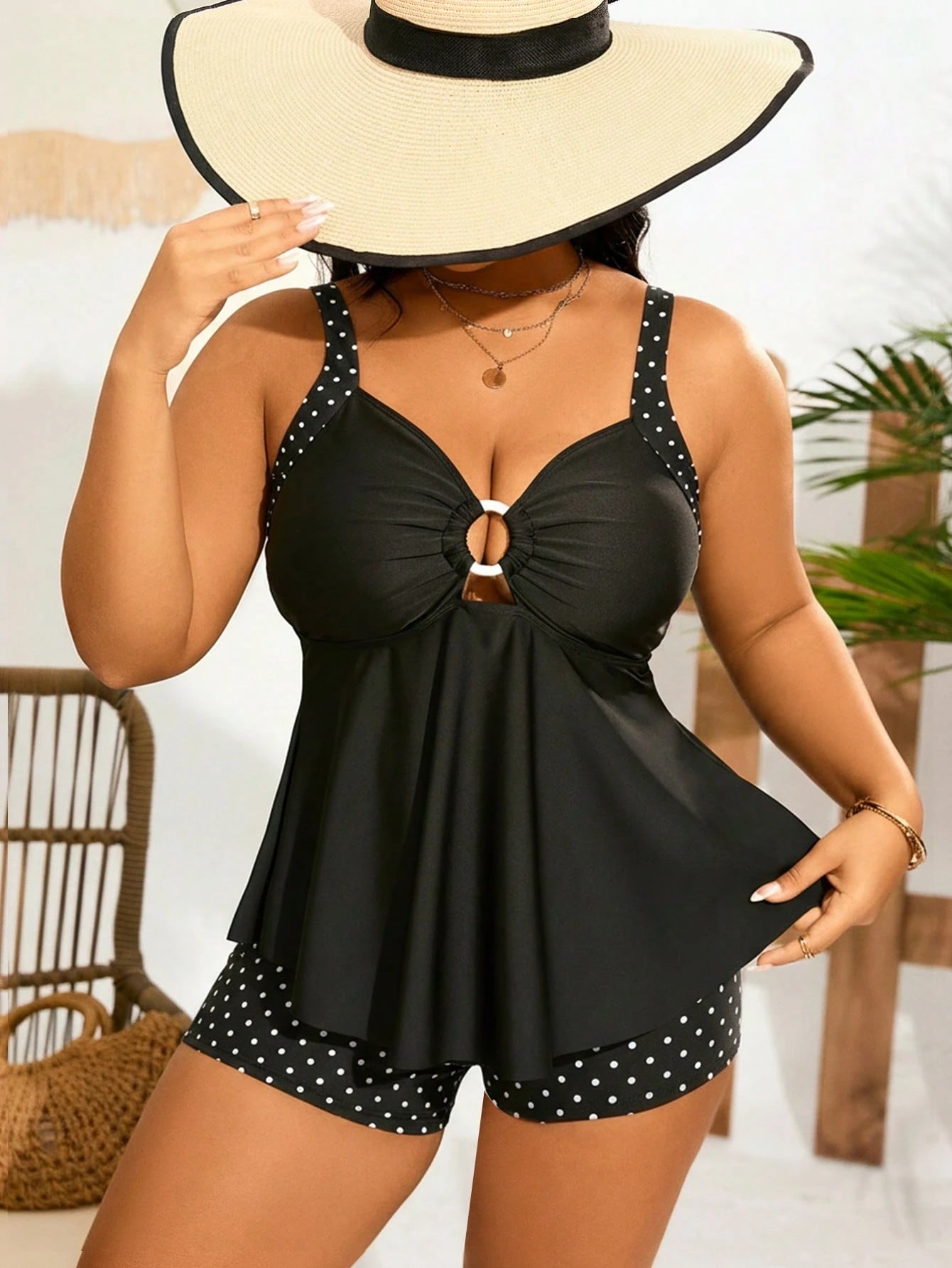 Swim Lushoire Plus Size Women's Beach Vacation Polka Dot Print Tankini Set