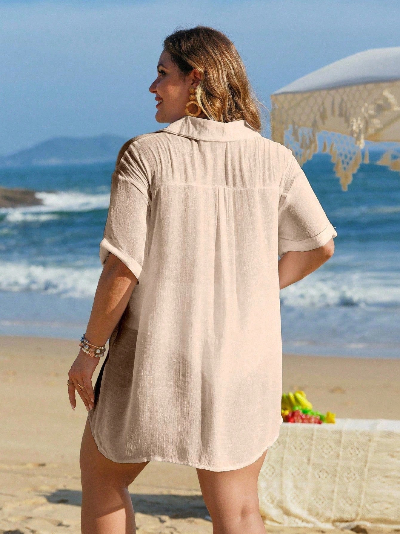 Swim Lushoire Plus Size Women's Beach Vacation Single Breasted Asymmetrical Hem Kimono