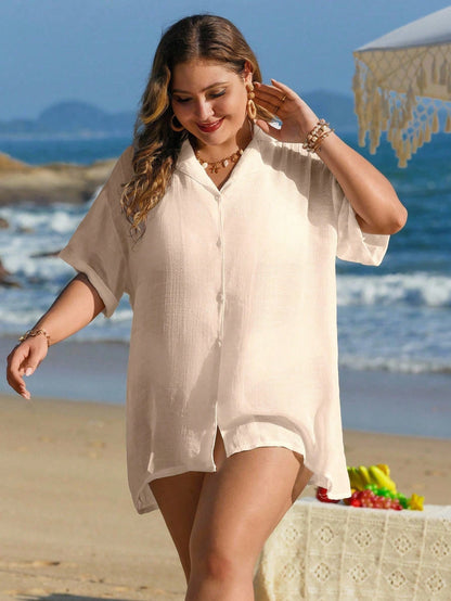 Swim Lushoire Plus Size Women's Beach Vacation Single Breasted Asymmetrical Hem Kimono