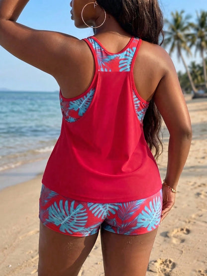Swim Lushoire Plus Size Women's Patchwork Ruched Tankini Top And Shorts Swimwear Set, Suitable For Summer Vacation Vacation Light Blue