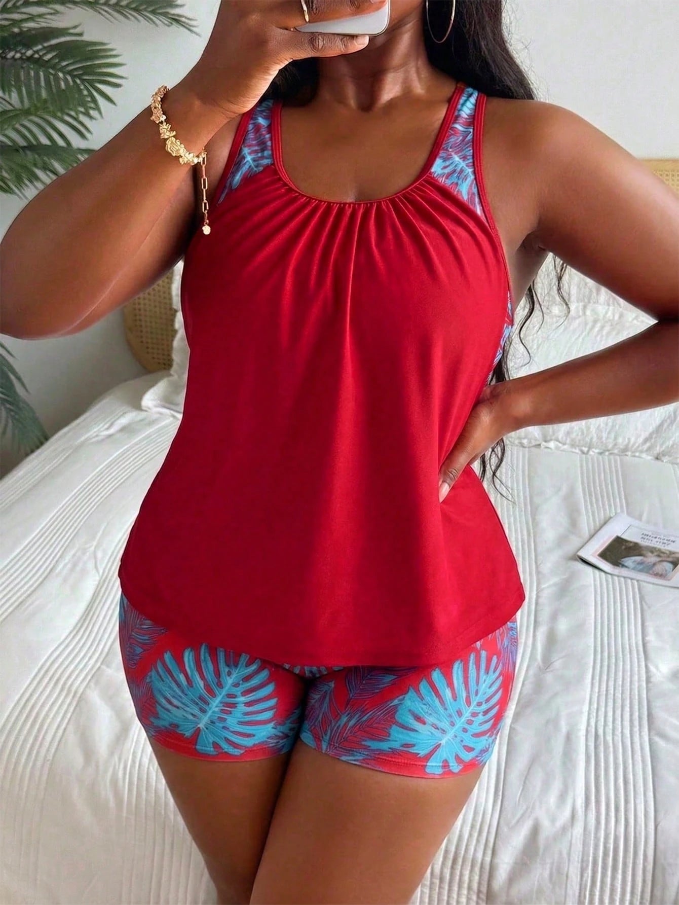 Swim Lushoire Plus Size Women's Patchwork Ruched Tankini Top And Shorts Swimwear Set, Suitable For Summer Vacation Vacation Light Blue