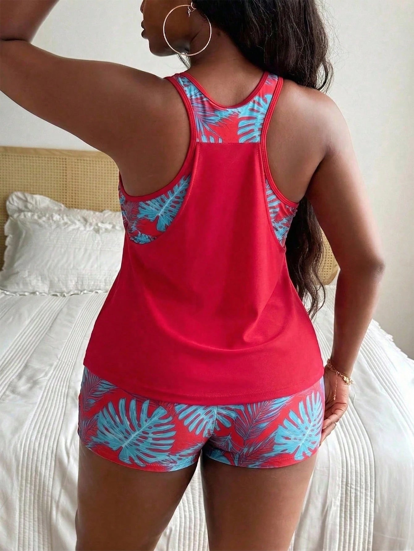 Swim Lushoire Plus Size Women's Patchwork Ruched Tankini Top And Shorts Swimwear Set, Suitable For Summer Vacation Vacation Light Blue