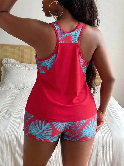 Swim Lushoire Plus Size Women's Patchwork Ruched Tankini Top And Shorts Swimwear Set, Suitable For Summer Vacation Vacation Light Blue