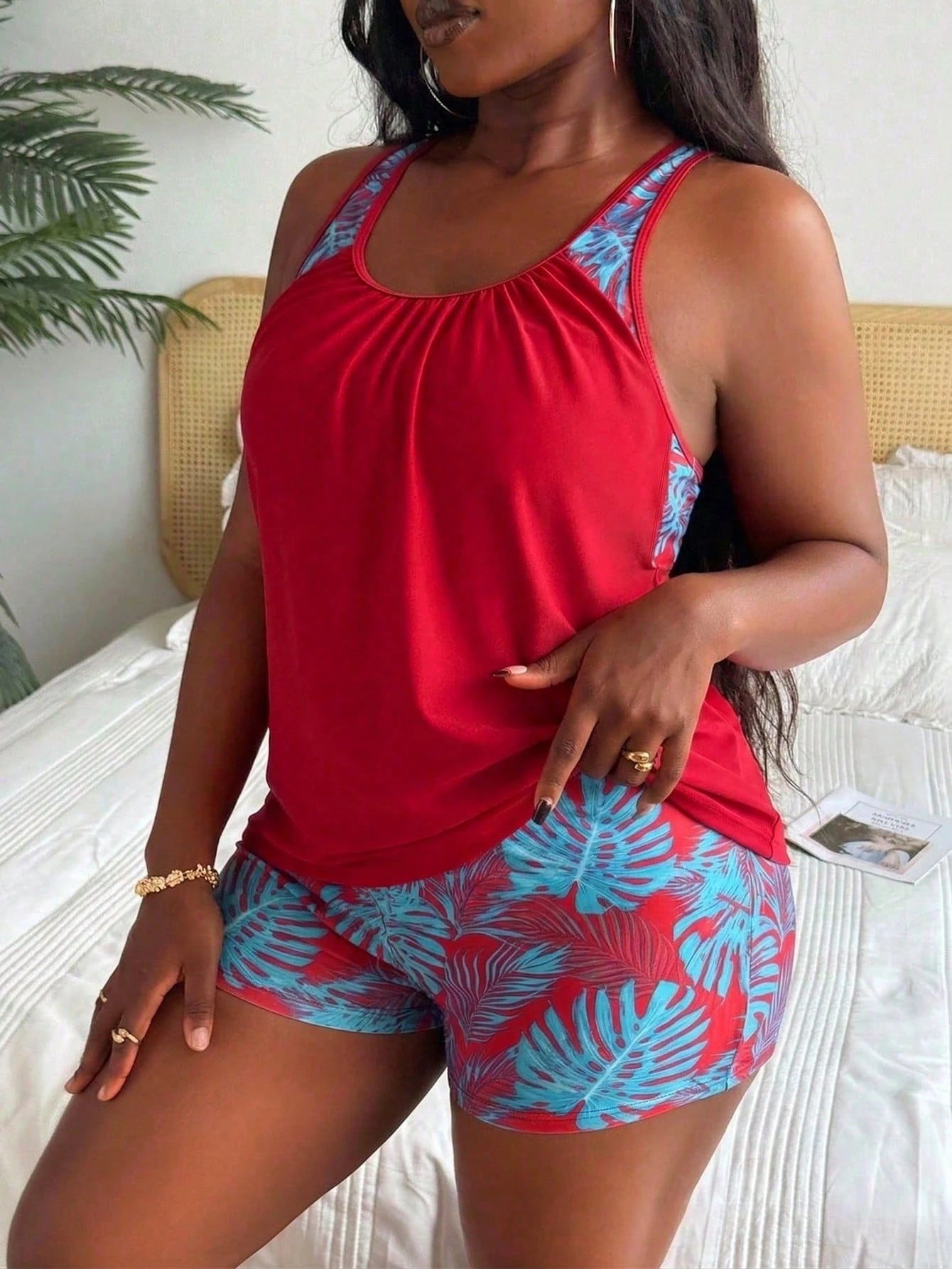Swim Lushoire Plus Size Women's Patchwork Ruched Tankini Top And Shorts Swimwear Set, Suitable For Summer Vacation Vacation Light Blue
