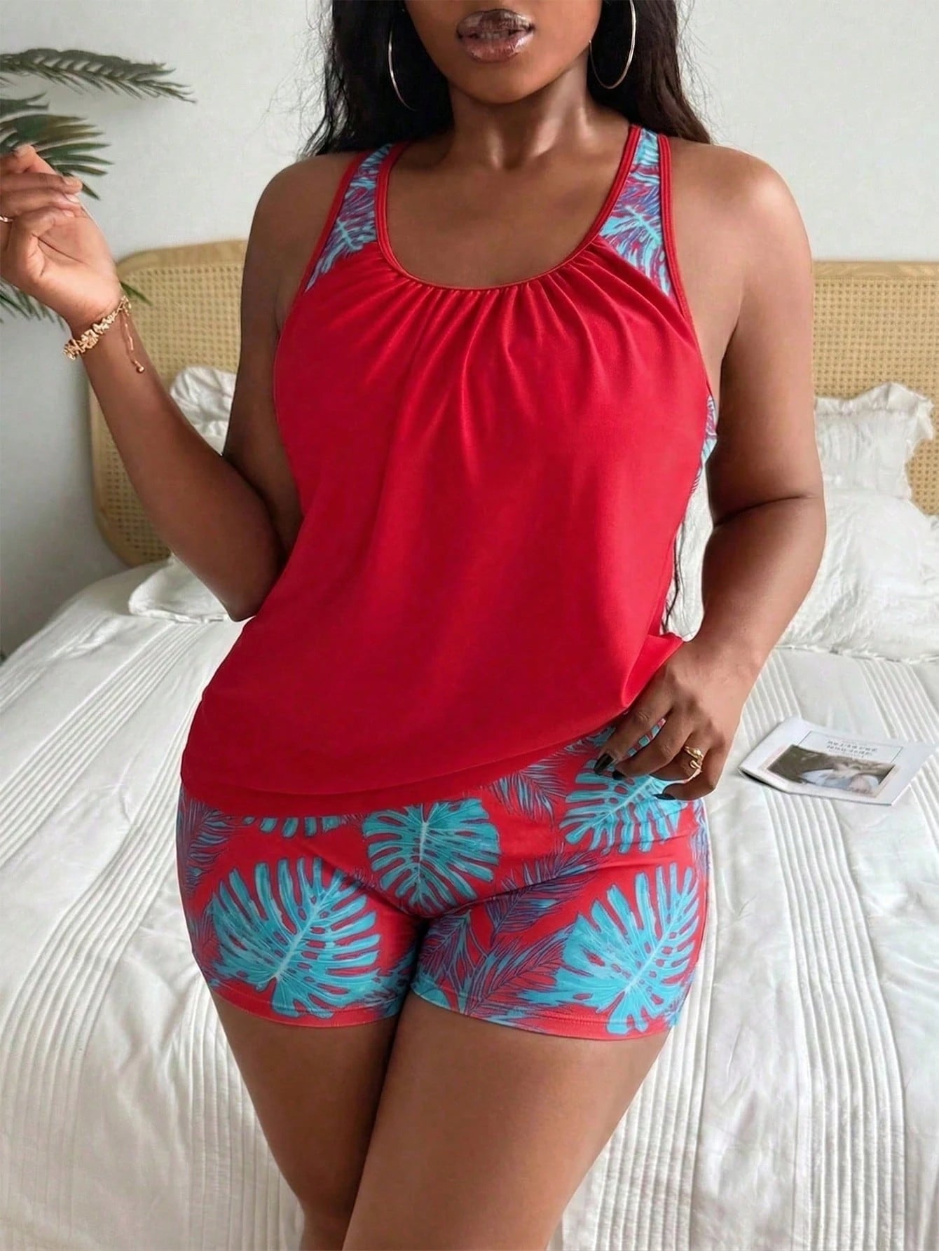 Swim Lushoire Plus Size Women's Patchwork Ruched Tankini Top And Shorts Swimwear Set, Suitable For Summer Vacation Vacation Light Blue