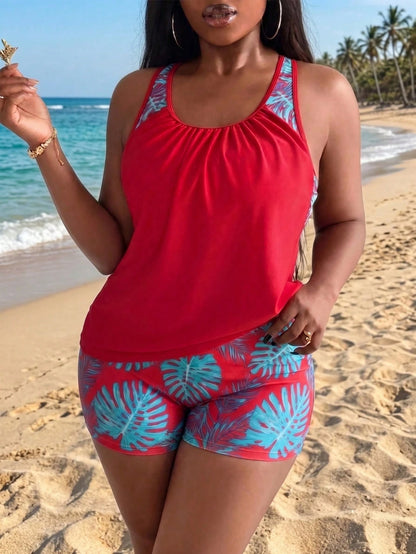 Swim Lushoire Plus Size Women's Patchwork Ruched Tankini Top And Shorts Swimwear Set, Suitable For Summer Vacation Vacation Light Blue