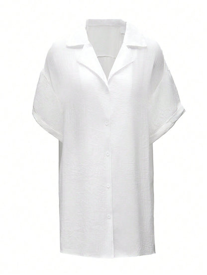 Swim Lushoire Plus Size Women's Vacation Short Sleeve Single-Breasted Solid Color Sexy Kimono Shirt White Capri Plus Size Woman