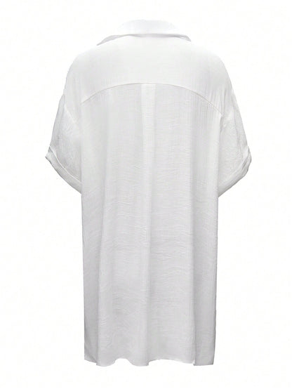 Swim Lushoire Plus Size Women's Vacation Short Sleeve Single-Breasted Solid Color Sexy Kimono Shirt White Capri Plus Size Woman