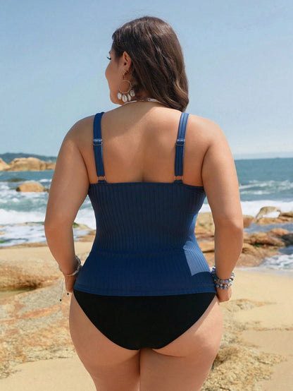Swim Lushoire Plus Size Women Solid Color Ruched Casual Tankini Swimwear Set