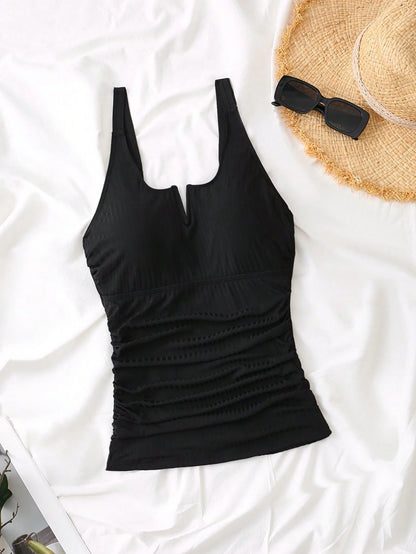 Swim Lushoire Plus Size Women Solid Color Ruched Casual Tankini Swimwear Set