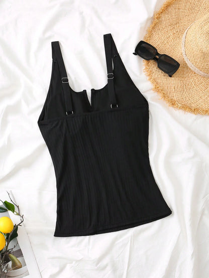 Swim Lushoire Plus Size Women Solid Color Ruched Casual Tankini Swimwear Set