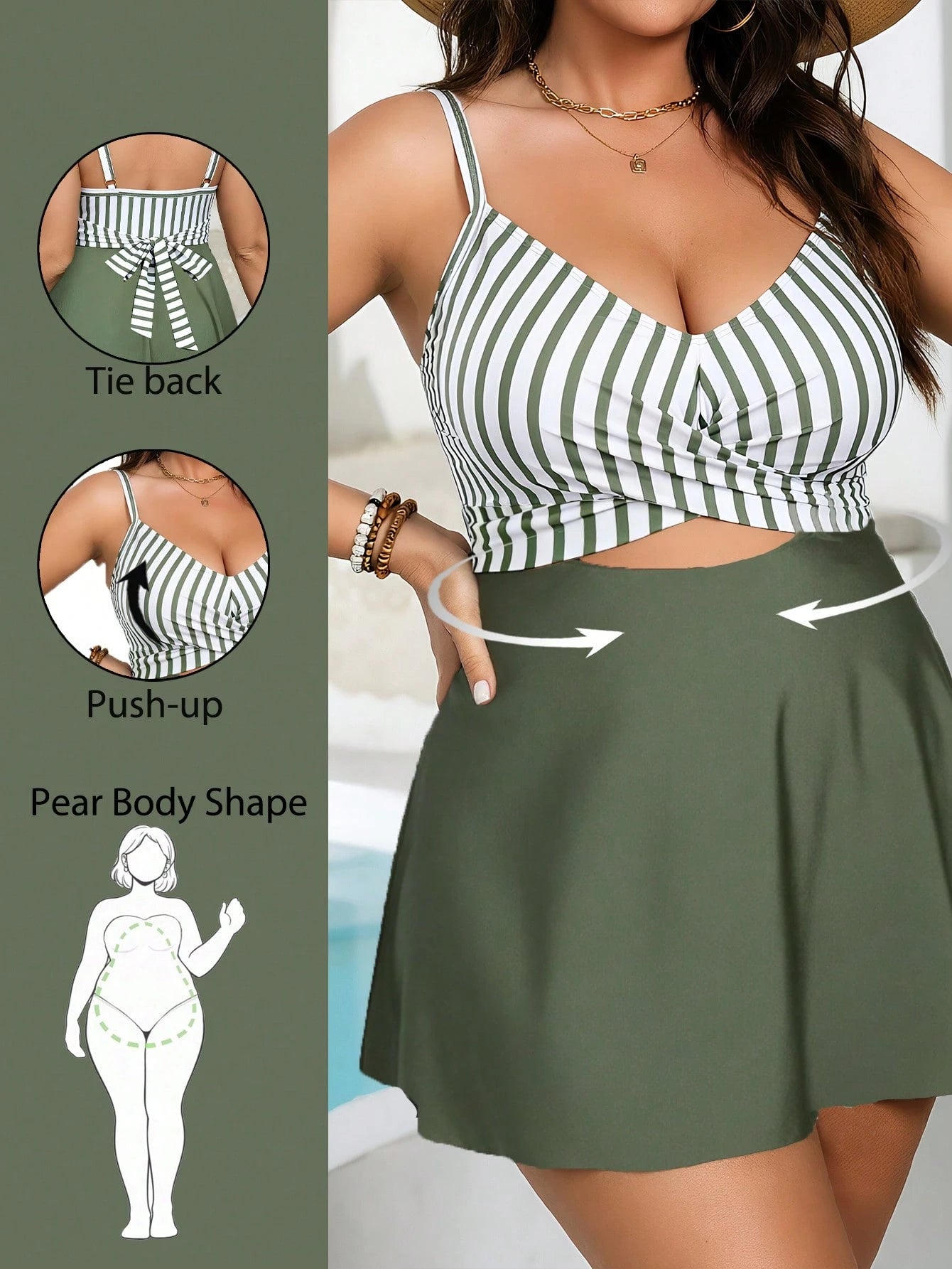 Swim Lushoire Plus Size Women Striped Patchwork Casual Vacation Strap Swimsuit Dress, Suitable For Summer Holiday