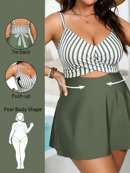 Swim Lushoire Plus Size Women Striped Patchwork Casual Vacation Strap Swimsuit Dress, Suitable For Summer Holiday
