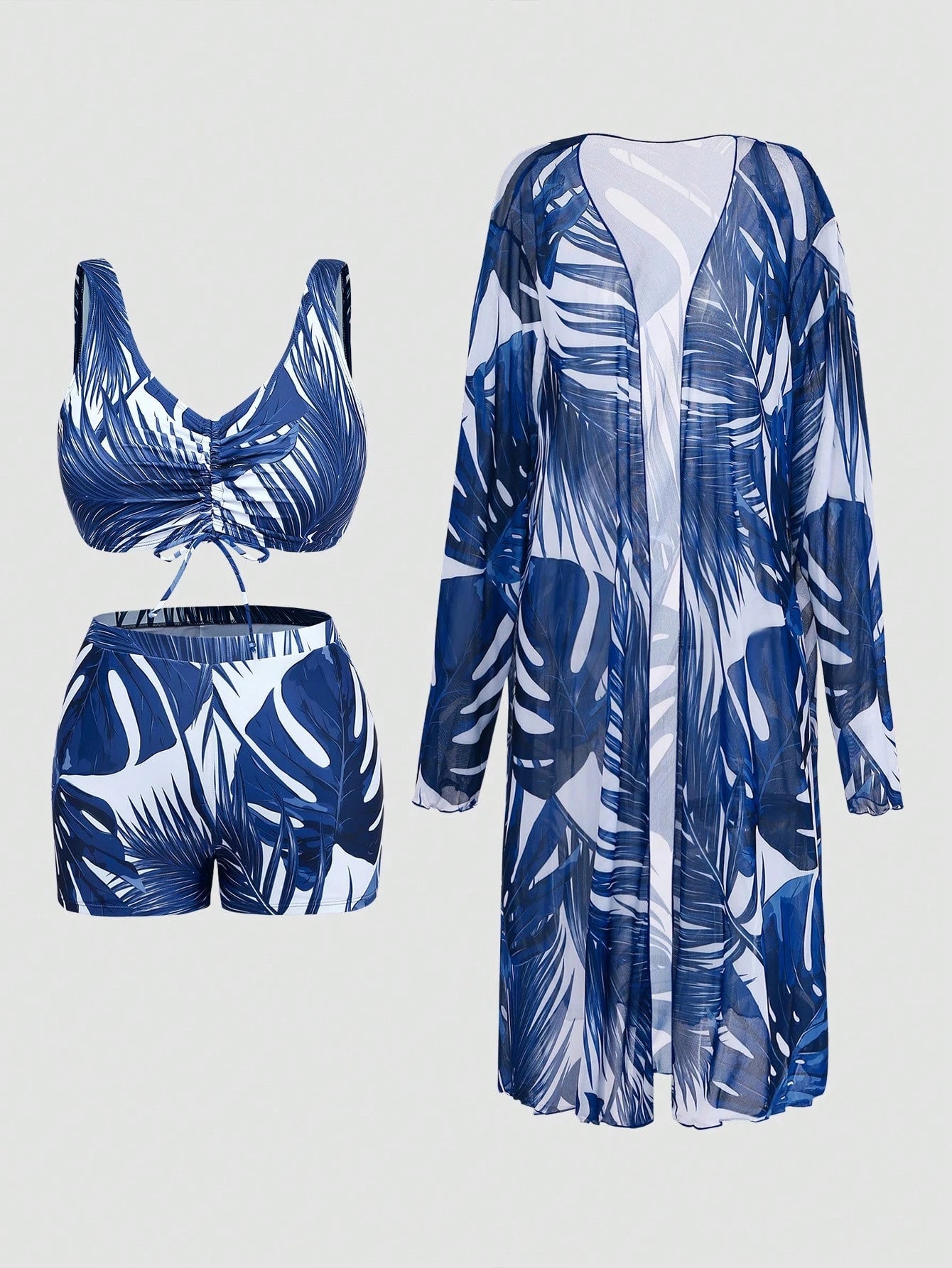 Swim Lushoire Plus Size Women Summer Beach Solid Color Fashionable Bikini Swimwear Set With Cover-Up And Robe