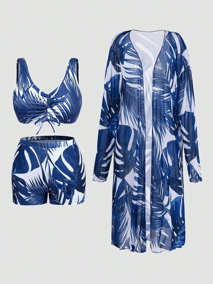 Swim Lushoire Plus Size Women Summer Beach Solid Color Fashionable Bikini Swimwear Set With Cover-Up And Robe