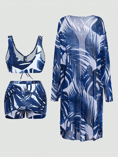 Swim Lushoire Plus Size Women Summer Beach Solid Color Fashionable Bikini Swimwear Set With Cover-Up And Robe