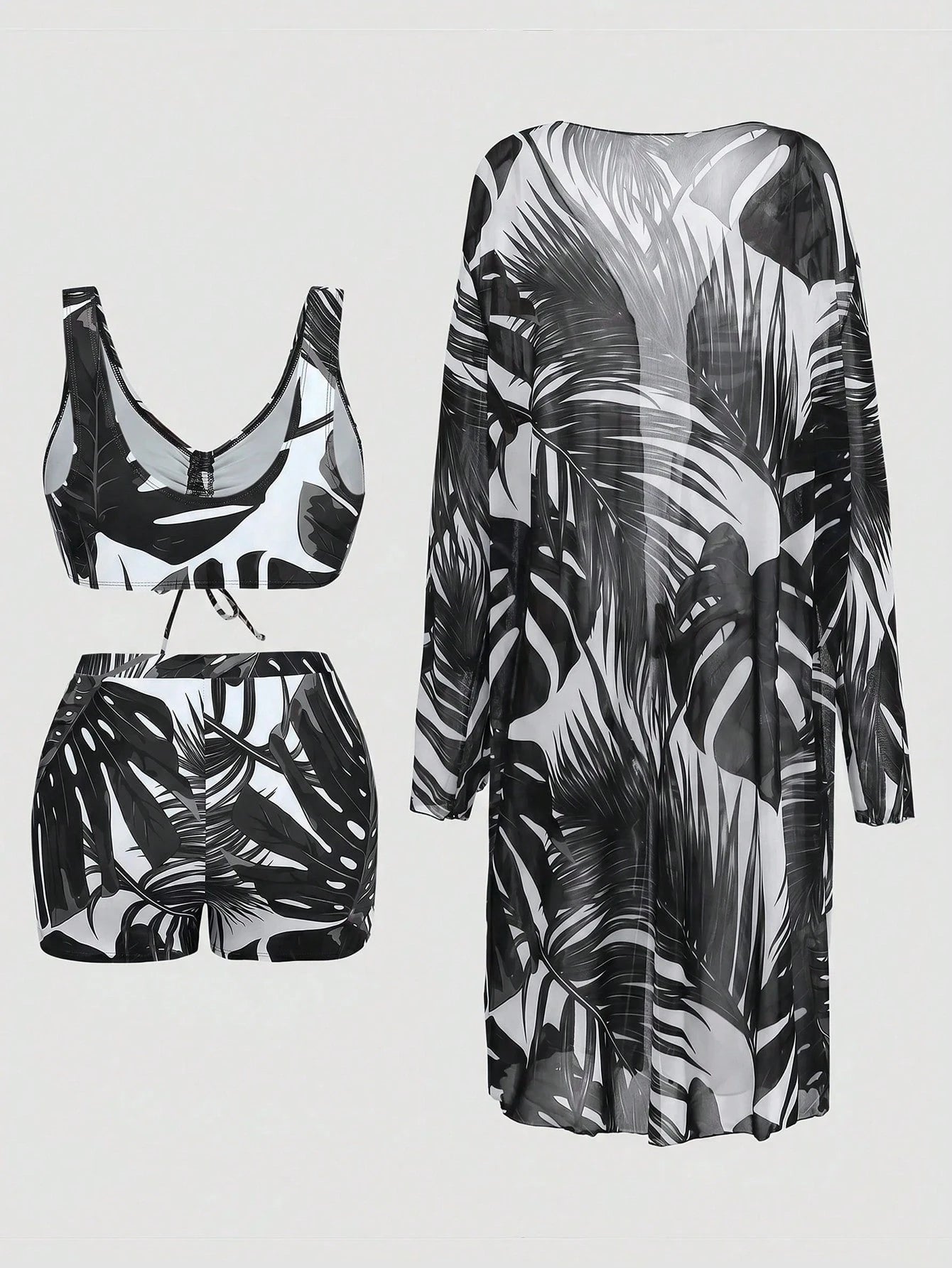 Swim Lushoire Plus Size Women Summer Beach Solid Color Fashionable Bikini Swimwear Set With Cover-Up And Robe