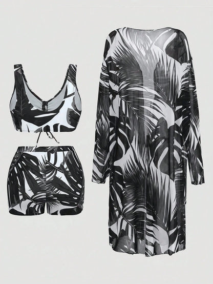 Swim Lushoire Plus Size Women Summer Beach Solid Color Fashionable Bikini Swimwear Set With Cover-Up And Robe