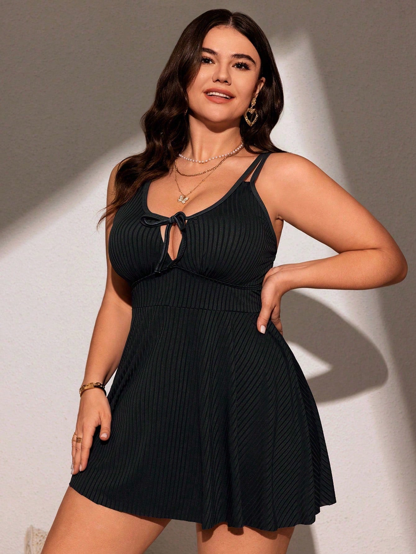 Swim Lushoire Plus Solid Tie Front Cami Summer Beach Swim Dress