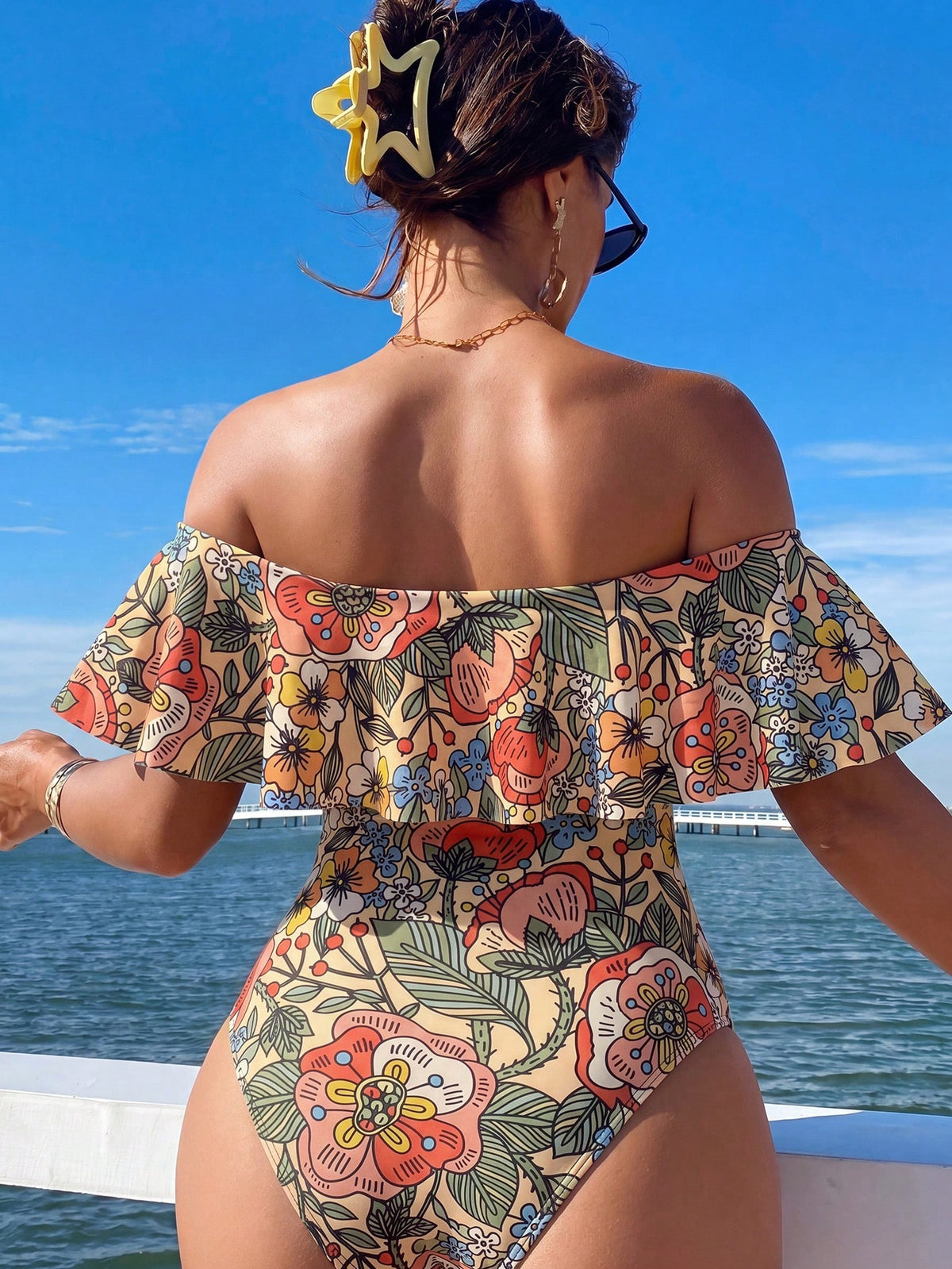 Swim Lushoire Spring/Summer Leopard Print Ruffle Off-Shoulder Women's One-Piece Swimsuit With Side Drawstring, Festival Boho